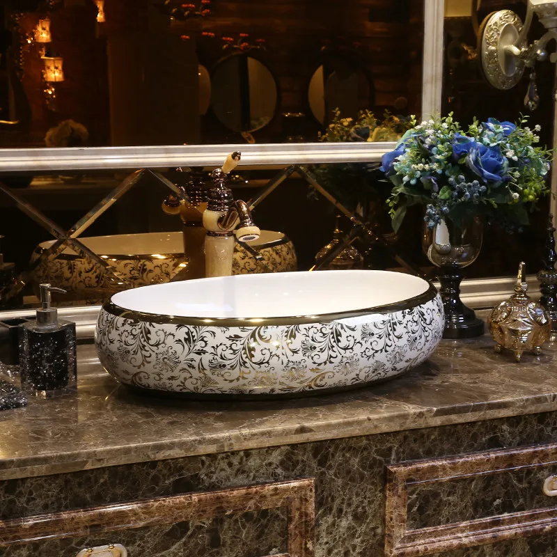 Oval gold chinese wash basin sink bathroom sink bowl countertop Ceramic wash basin bathroom sink painted sink (2)