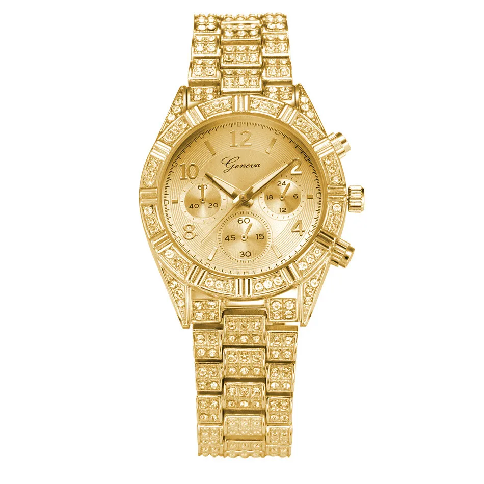 Золотые женские кварцевые наручные часы, модные шикарные повседневные женские нарядные часы, женские деловые часы с кристаллами и бриллиантами, женские часы