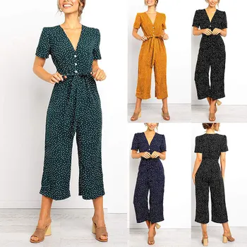 

Women Polka Dot Holiday Long Playsuit Rompers Ladies V-neck Button Wide Leg Jumpsuit FS99