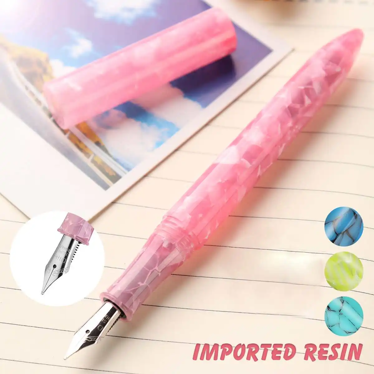 

Resin Blue material Fountain Pen EF M Nib 0.6mm Artwork pen Kawaii Writing Pen with gift box For Valentine's