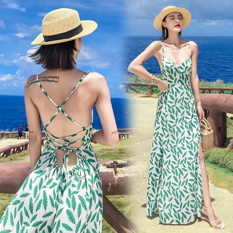 

Sexy backless beach women dress spaghetti strap bohemian long dress sleeveless V-neck Leaf print holiday dress