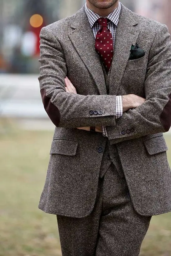 Latest Coat Pant Designs Brown Tweed Groom Tuxedos Autumn