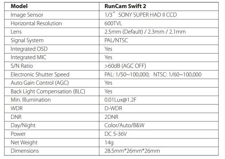 Runcam Swift 2 FPV 1/3 CCD 600TVL 2,3 мм/2,1 мм объектив Микро камера OSD с ИК-блокировкой PAL