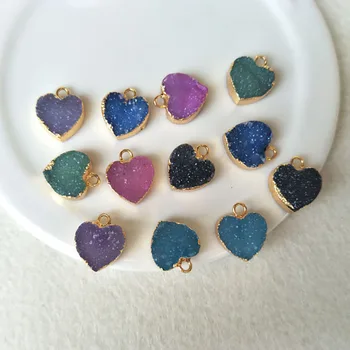 

5pcs 12mm Heart Gold color Natural Quartz Druzy Pendant Bead, Geode Drusy Charm Jewelry necklace bracelet Making PD482
