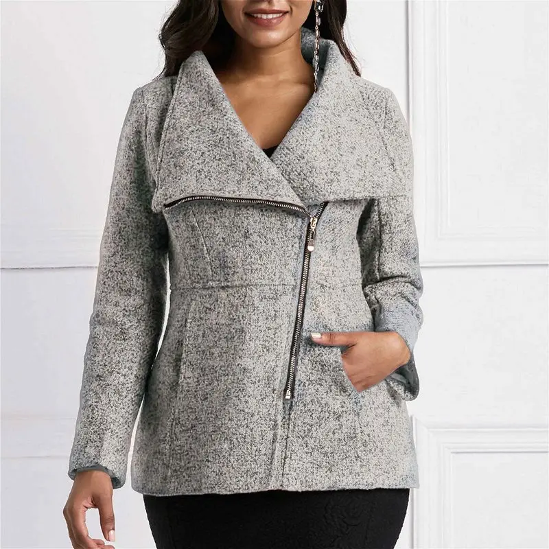 Winter Gray OL Ladies Casual Wool Warm Jackets Women Coats Slim Lapel Zipper Pocket Autumn African Female High Street Overcoats