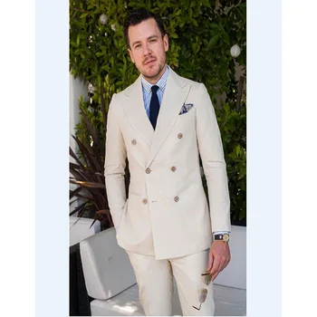 

2019 Double-Breasted Groomsmen Groom Tuxedos Beige mens suits Wedding Party Terno Slim Fit men suit (Jacket+Pants)