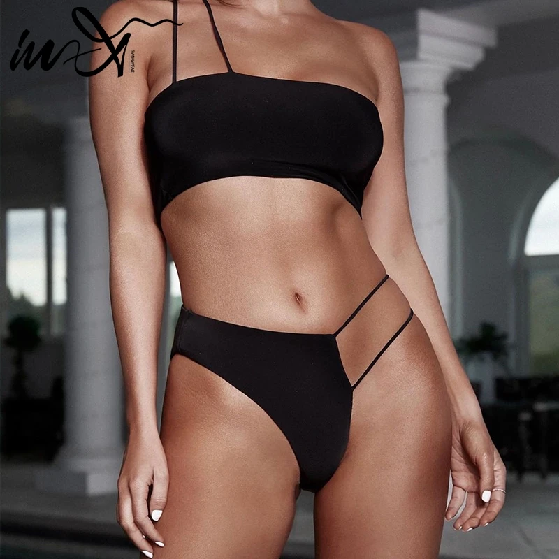 Billige In X Schwarz badeanzug weibliche Sexy eine schulter bikini 2019 String bademode frauen High cut badeanzug Sommer zwei  stück anzug neue