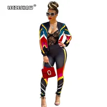 Fashion Women Autumn Tracksuit Striped Contrast Color Print Zipper Long Sleeve Sweatshirt And Long Pants Sportswear 2 Piece Sets