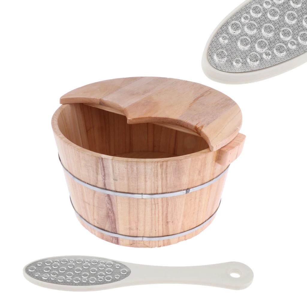 Wood Foot Spa Bath Basin Tub Bucket Barrel with Lid + Foot Rasp