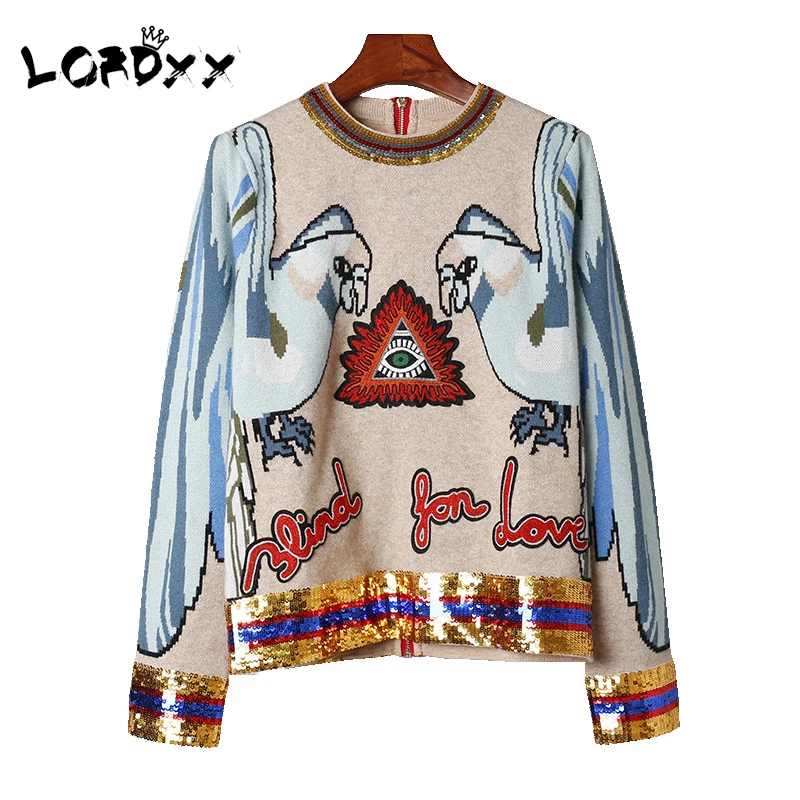 

LORDXX Parrot sequin top women Long sleeve Sweater Animal embroidery back zipper wool knitted pullover ladies Casual top
