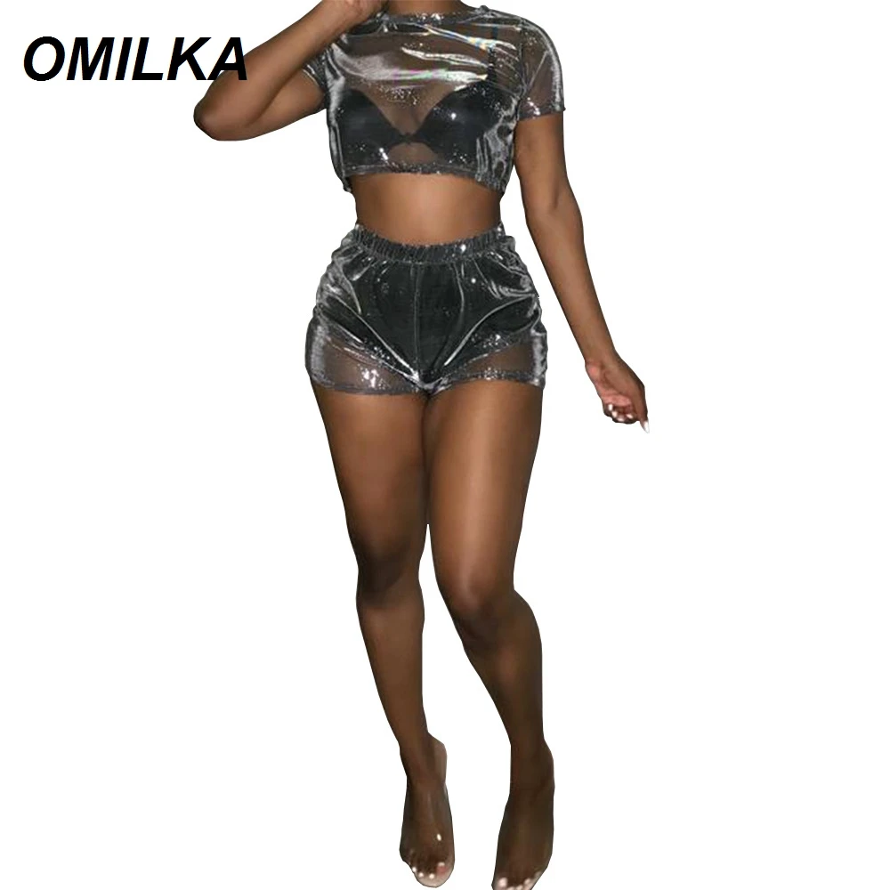 

OMILKA Shiny 2 Piece Crop Top and Shorts Set Women 2019 Summer Women Short Sleeve Transparent Bling Mesh Club Party Tracksuits