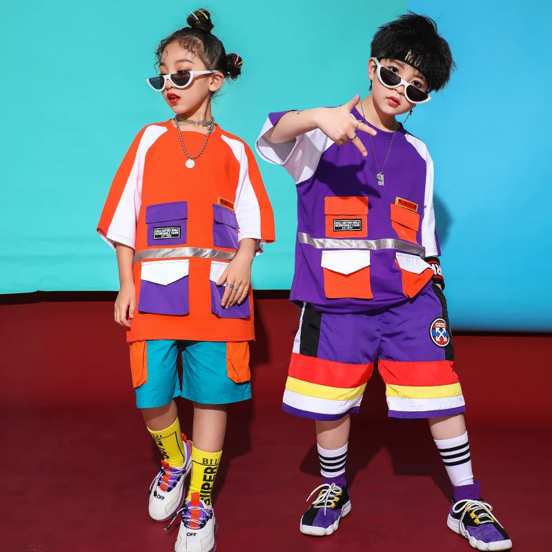 

Summer Cool Kids Hip Hop Jazz Dancing Costumes for Girls Boys Ballroom Dance Clothes Oversized T Shirt Tops Jogger Short Pants