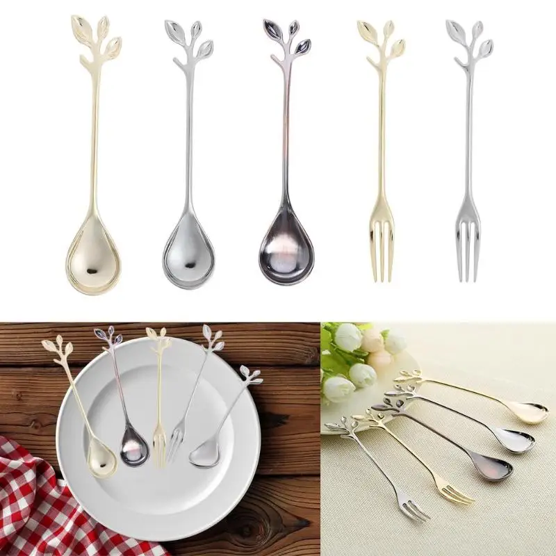 

Leaf Shape Gold Silver Coffee Spoon Fork Kitchen Dining Room Bar Cutlery