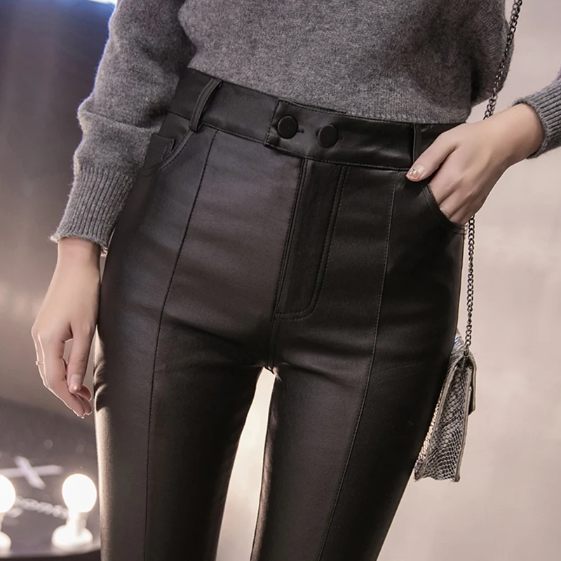 

New autumn Winter Female Pants Women Thick PU Leather Plus Size Pants Warm Winter High Waist Sexy Slim Black Pencil Trousers