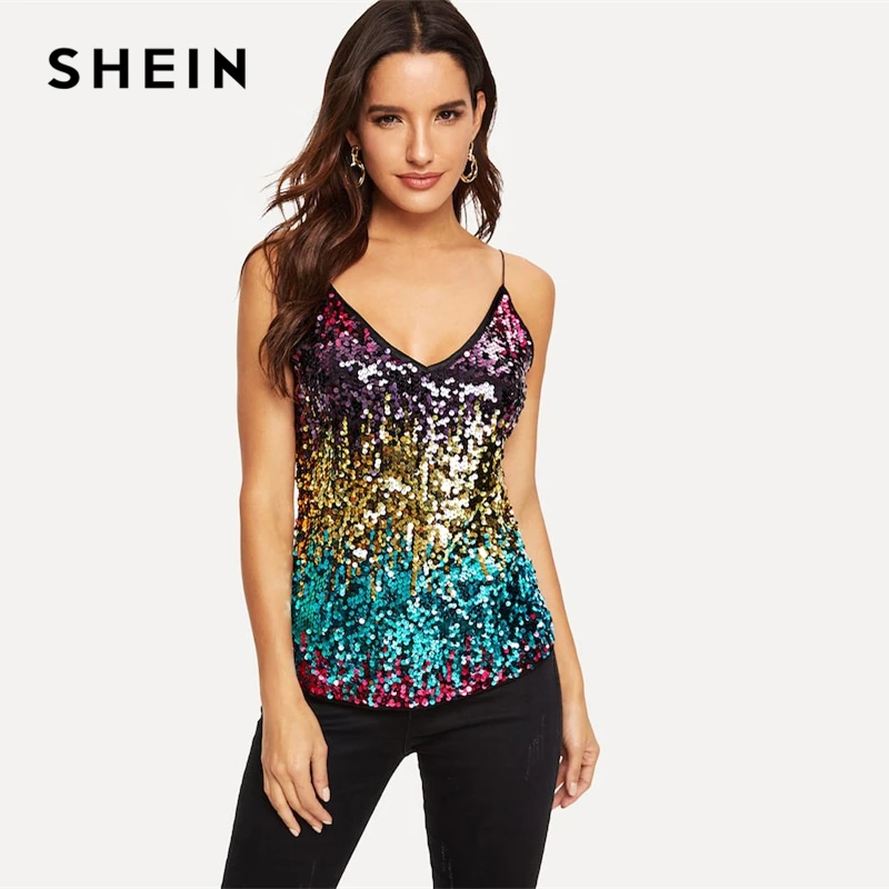 SHEIN مثير مزدوج الخامس الرقبة الترتر Colorblock متعدد الألوان كامي أعلى النساء الصيف السباغيتي حزام سترات الشارع الشهير للنساء SHEIN مثير مزدوج الخامس الرقبة الترتر Colorblock متعدد الألوان كامي أعلى النساء الصيف السباغيتي حزام سترات الشارع الشهير للنساء