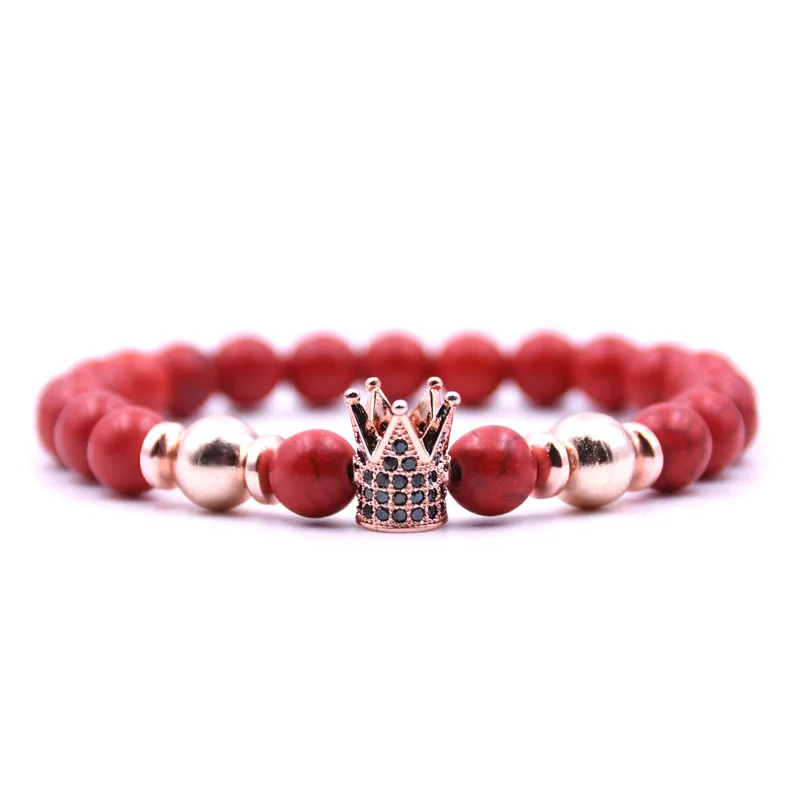

KANGKANG 2018 New Summer Style Natural Stone Beads Bracelet Women Men mosaic Zirconia Rose gold Crown Bead Stretch Bracelets