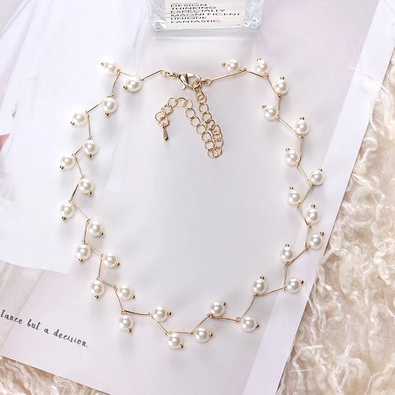 DREJEW Korean Short Pearl Crystal Statement Choker Necklaces Silver Gold Black Necklace for Women Friend Collares boho Jewelry