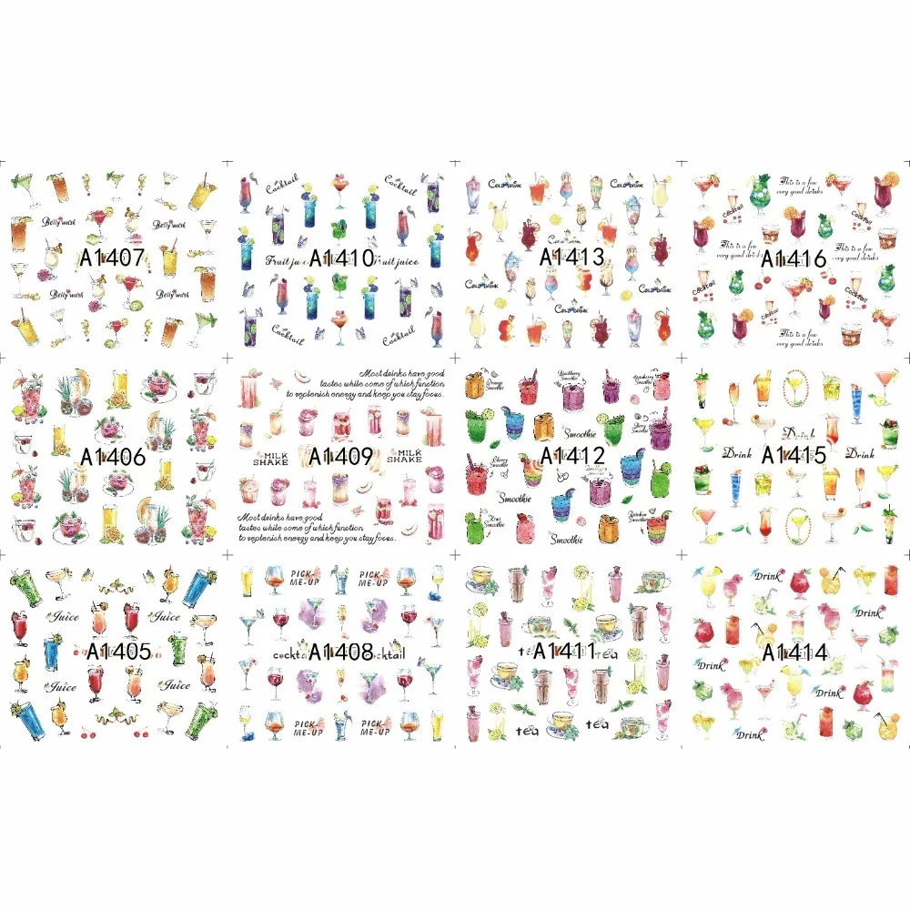 

12 PACK/ LOT WATER DECAL NAIL ART NAIL STICKER SLIDER COCKTAIL SOFT DRINK FRUIT JUICE SODA POP DRINK A1405-1416