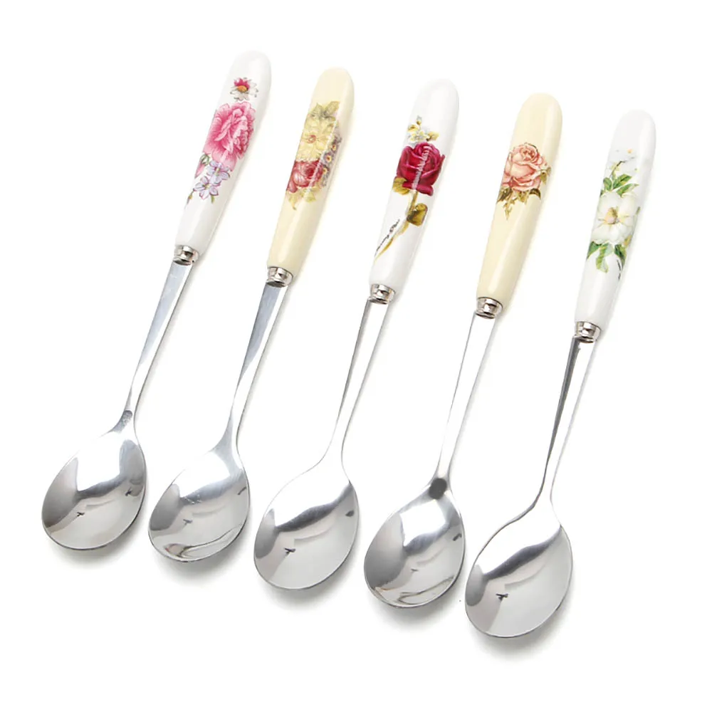 Flower Porcelain Handle Stainless Steel Dessert Tea Spoons Stirring