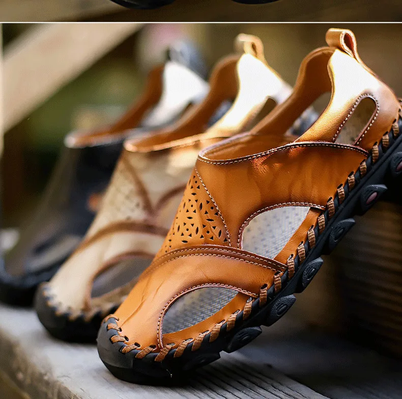 New Summer Sandals Mens Breathable High Quality Genuine Leather Sandals Man Flats Plus Size Fashion Casual Beach Men's shoes