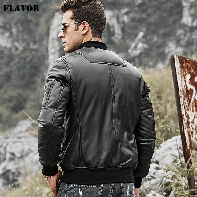 FLavor Men’s Real Leather Down Jacket Men Genuine Lambskin Leather Baseball Jacket Warm White Duck Down Coat