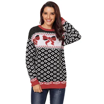 

Knitted Present Ribbon Tie Patterned Christmas Sweater for Women Cute Girls Xmas Pullover Jumper Oversized S-2XL