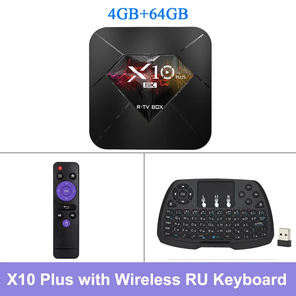 R-TV BOX Smart TV Box X10 PLUS Android 9.0 Allwinner H6 4K Media Player 4GB RAM 32GB ROM 2.4G WiFi USB3.0 H.265 VP9 Set Top Box - Color: 64GB RU Keyboard