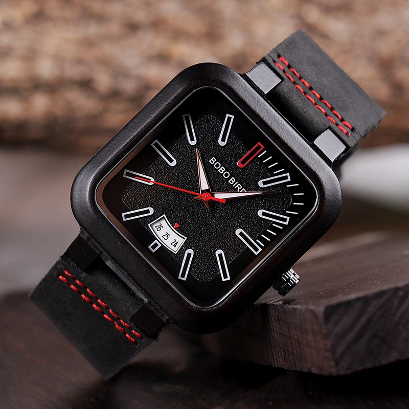 BOBO BIRD Men Simple Watch Handmade Wooden Classic Black and Red Quartz Watches with Date Display horloges mannen