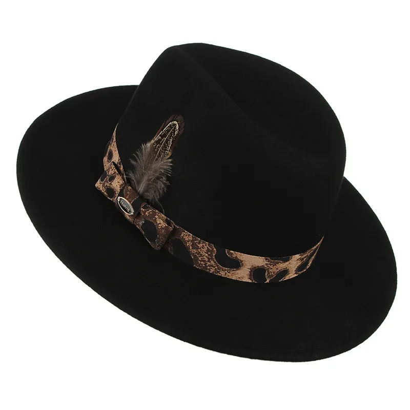 Мужская классическая джаз шляпа фетровая шляпа джентльмен Мужская мода ретро лента перо декор широкие полями Шерсть Войлок джазовый топ шляпа в коробке - Цвет: Leopard