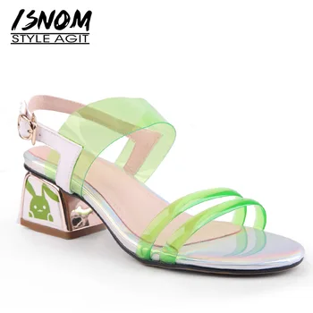 

ISNOM Thick High Heels Sandals Woman Summer Sandals Women 2019 Transparent Pvc Shoes Female Leather Jelly Shoes Plus Size 45