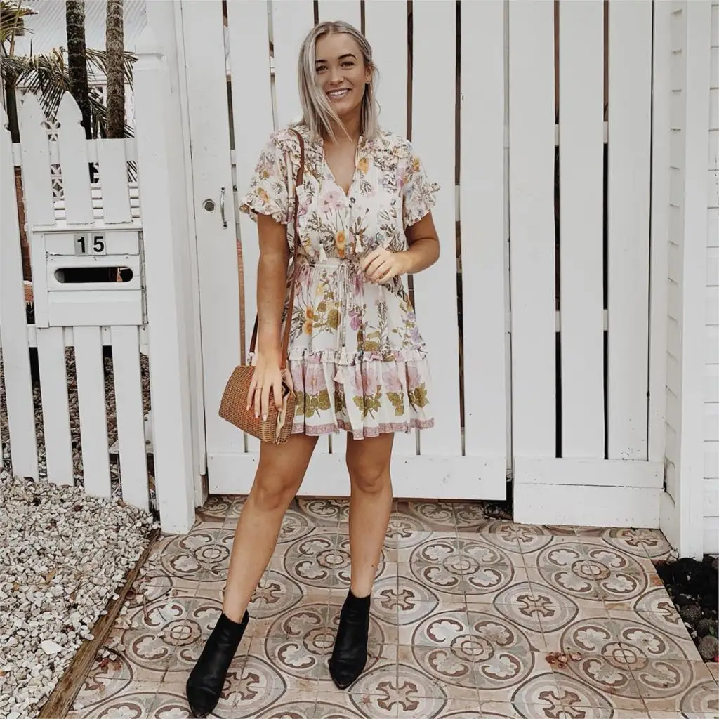 

Jastie Wild Bloom Playdress Summer Ruffle V-Neck Boho Mini Dresses Elastic Waist Casual Women Dress Short Beach Dresses Vestidos