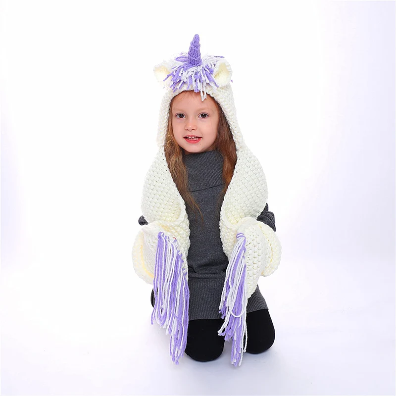 Детская зимняя вязаная теплая шапка с единорогом, шарф ручной работы, милый шарф для детей, плюшевые зимние шарфы из пашмины для мальчиков