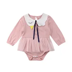 Новорожденных для маленьких девочек боди Осень Новая мода кружева с длинным рукавом Хлопок Повседневное одноцветное Розовое платье боди