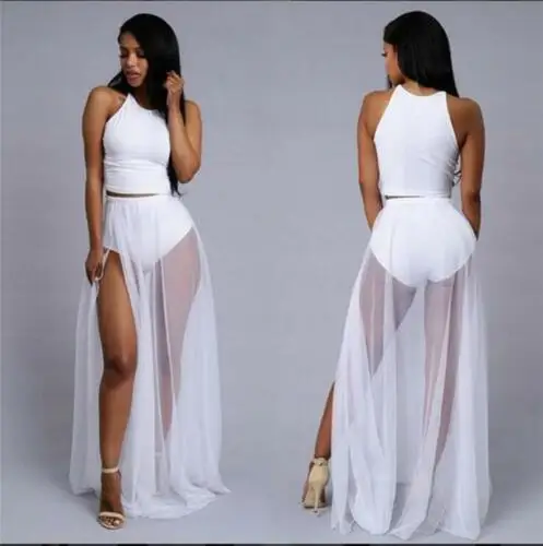 Women High Waist Mesh Skirts Empire See Through Sheer Side Split Skirt Solid Transparent Chiffon Maxi Long Skirt Summer 2019