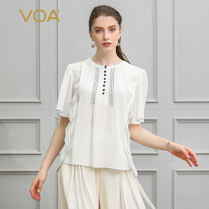 

VOA Silk Blouse White Office Shirt Large Size Women Top Basic Tee Summer Flare Half Sleeve Solid Brief Casual Loose B533