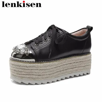 

Lenkisen crystals thick high bottom wedges heels natural leather round toe lace up straw decoration feature women cozy pumps L10