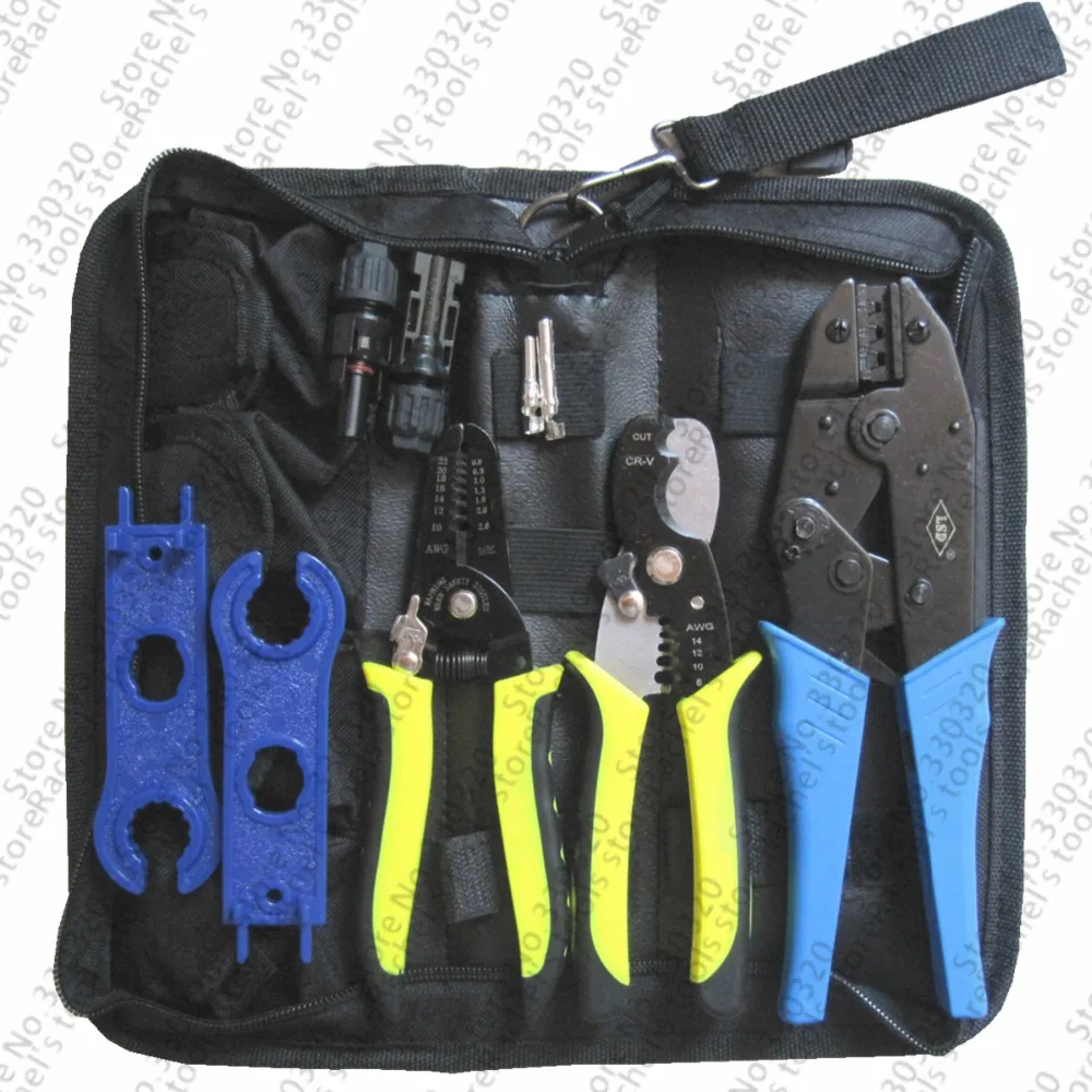 

Solar MC4 crimping tool set with Crimper multi-function wire stripper cutter MC4 Connector and spanner