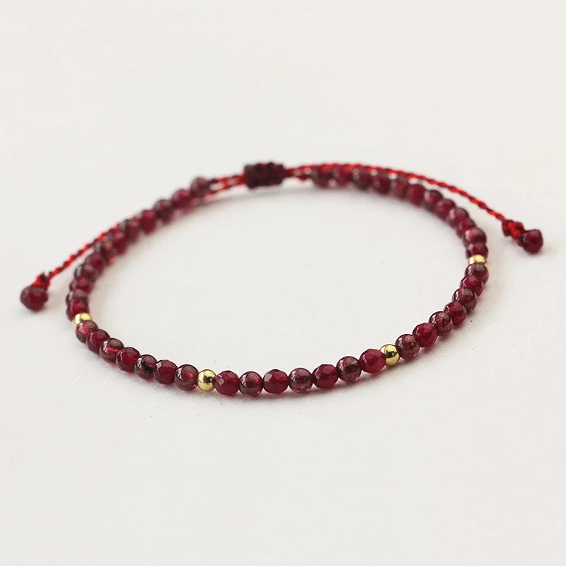 Natural Stone Garnet Beads Bracelet Thin Multi-Faceted Handmade Weave Red String Bangles Bracelets For Women Adjustable Bileklik