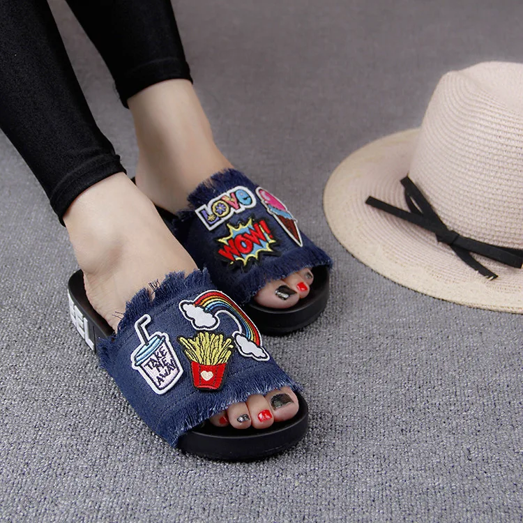 New Womens Sandal Styles Cartoon Patch Embroidery Tassel Flat With Open-toed Slip Holiday Shoes 2016 Comfort Cheap Slippers48