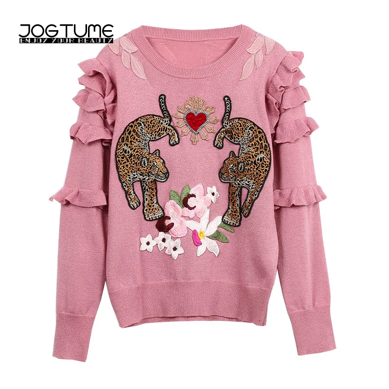 JOGTUME Women Sweaters 2018 Spring Winter Flower Leopard Embroidery O Collar Ruffles Full Sleeve Ladies Fashion Casual Pullovers | Женская