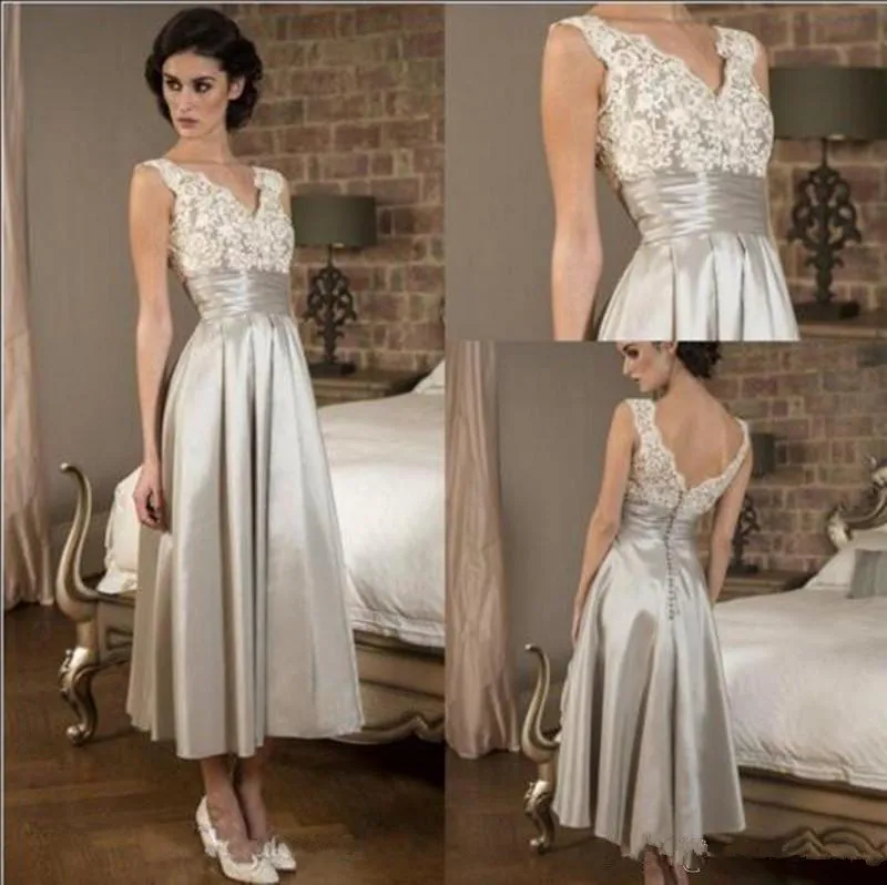 

Elegant Mother Of the Bride Dresses 2019 Cheap Sleeveless Lace V Neck Evening Gown A Line Tea Length Prom vestido de madrinha