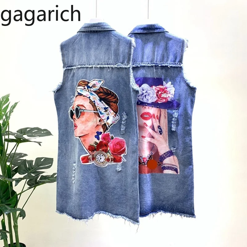 

Gagarich Women Jacket Spring Autumn 2019 New Korean Fashion Mid Long Fashion Heavy Industry Sticker Denim Vest Sleeveless Coat