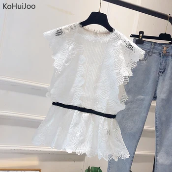 

KoHuiJoo Female Blouses Fashion Ladies Elegant Hollow Out Lace Shirts High quliaty Sleeveless Tops Summer Runway Tops White