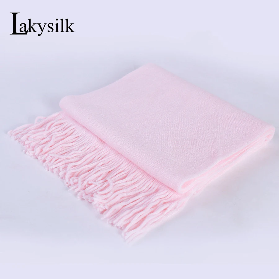

[Lakysilk]Girls Long Cashmere Scarf Women Pink Winter Warm Soft Shawls Fashion Accessories Tassel Solid Knitted long Scarf Wraps