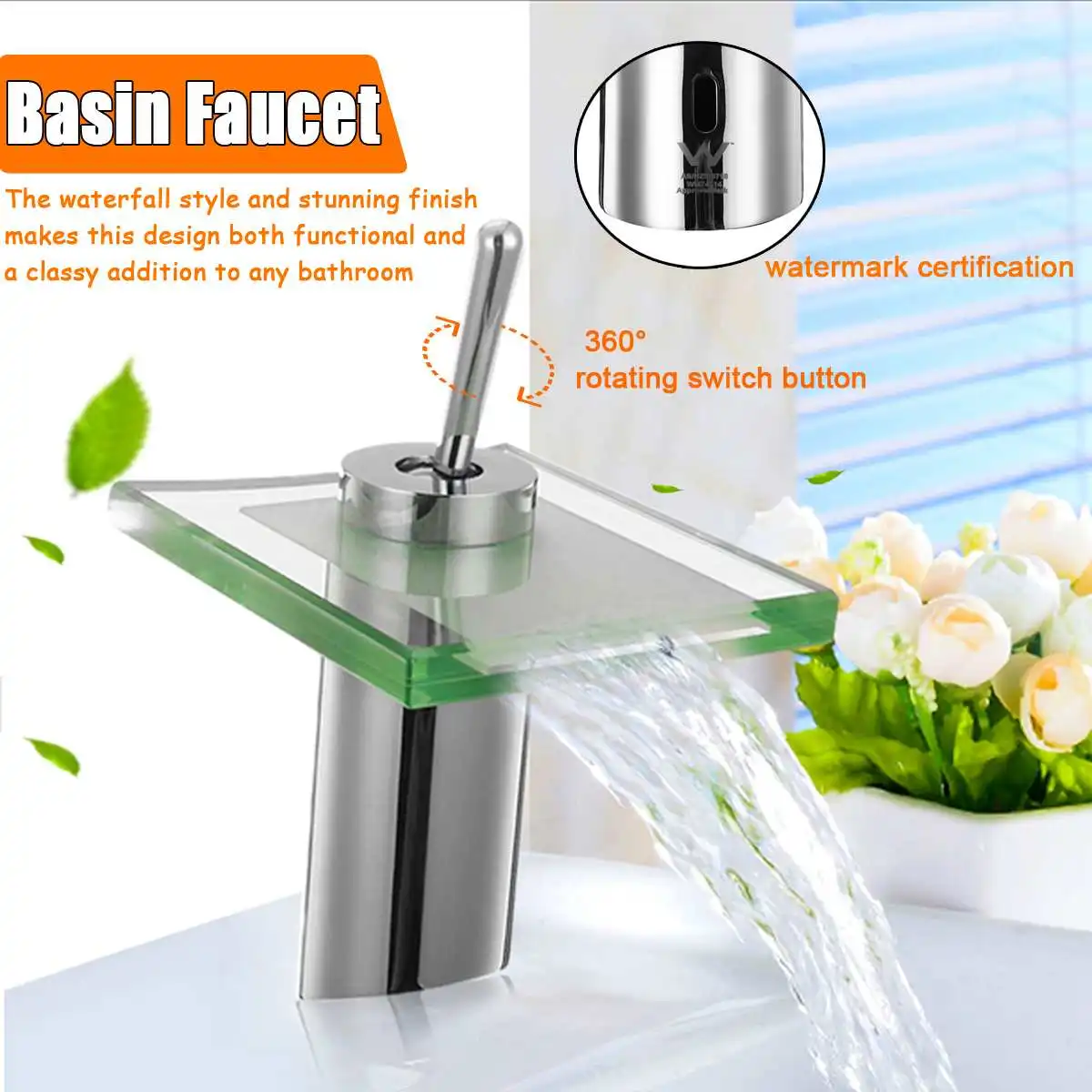 

Xueqin Modern Square Glass Waterfall Mixer Tap Spout Bathroom Basin Faucet Single Handle Hole Vanity Sink Faucet Deck Mounted