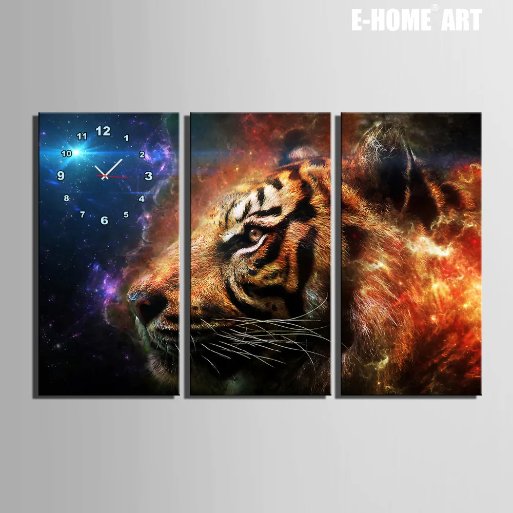 

Free Shipping E-HOME Burning Tiger Clock in Canvas 3pcs wall clock