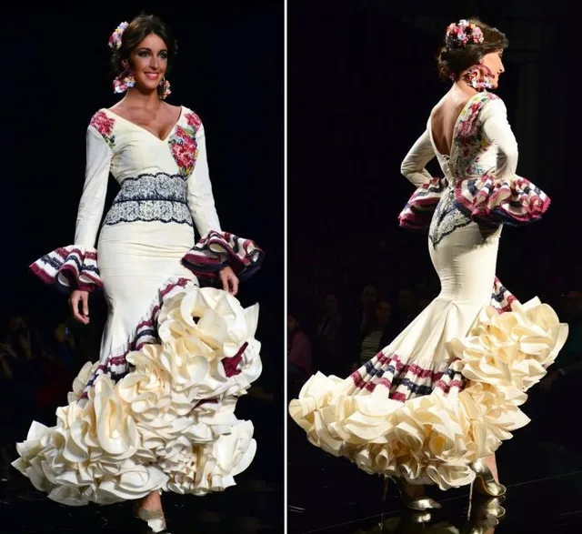 Flamenco Dresses V Neck Long Sleeve Mermaid Floor Length Lique Flamenco Dresses V Neck Long Sleeve Mermaid Floor Length Lique Beaded Ruffles Tiered Backless Satin Prom