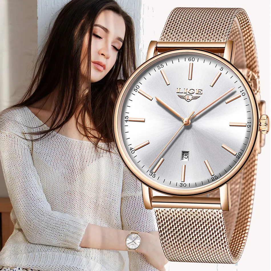 Comprar LIGE relojes de mujer de primera marca de lujo a prueba de agua reloj de pulsera de cuarzo ultrafino de acero inoxidable para mujer