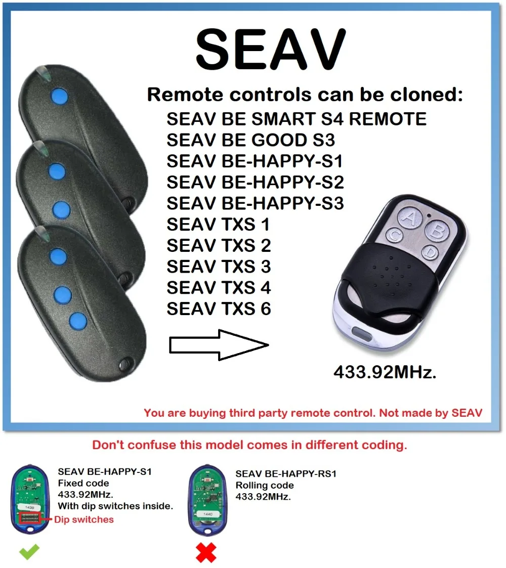 

SEAV BE-HAPPY-S1, S2, S3 Remote Control Duplicator 4-Channel 433.92MHz.(only for 433.92mhz fixed code)