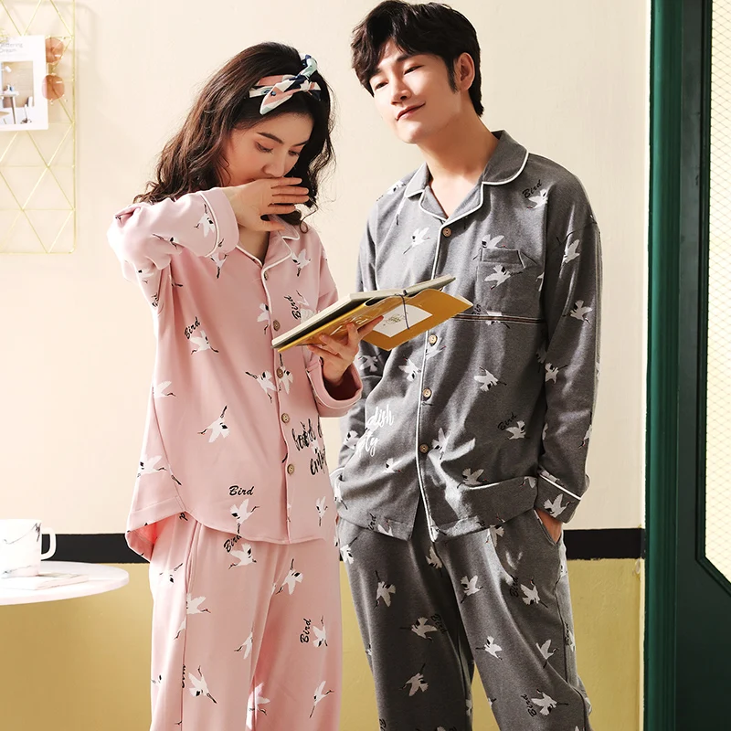 

Autumn Winter Knitted Cotton Thick Warm Couple Pajamas Set Long Sleeve Turn-down Collar Cardigan Plus Size M-3XL Lovers Pijamas